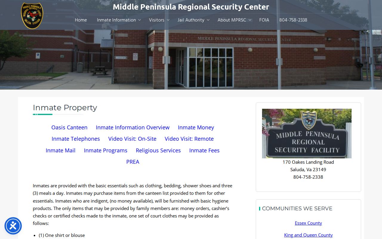 Middle Peninsula Regional Security Center transfer property release procedure