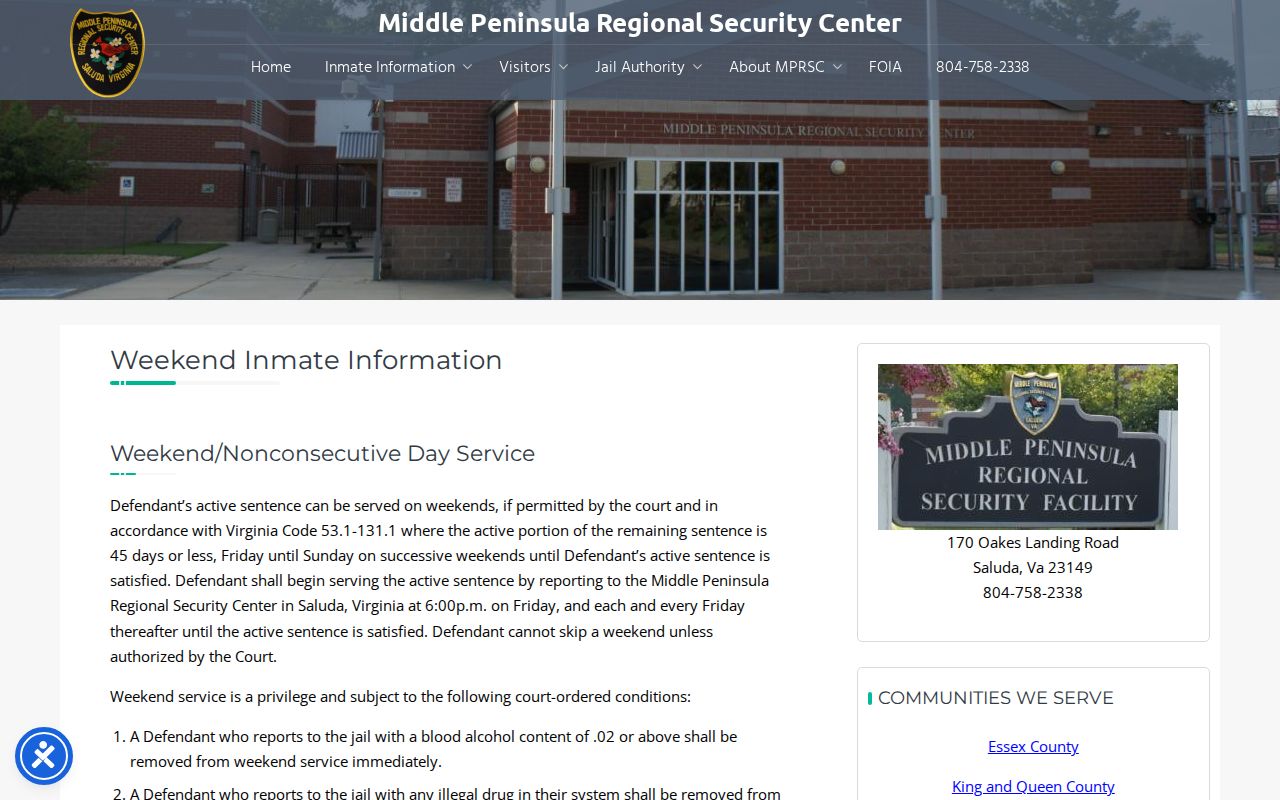 Middle Peninsula Regional Security Center weekend custody release and reporting rules