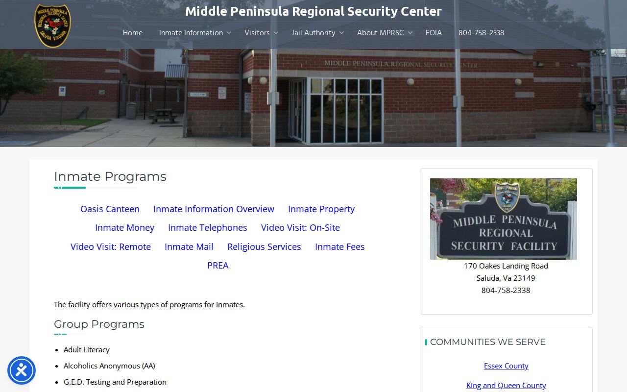Middle Peninsula Regional Security Center release programs and alternative custody options